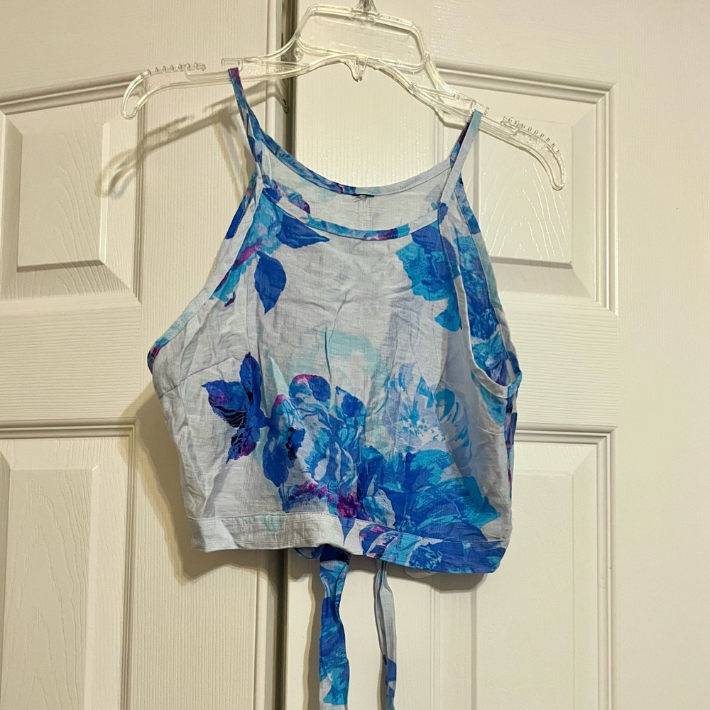 White & Blue Floral Tie-Front Sleeveless Crop Tank